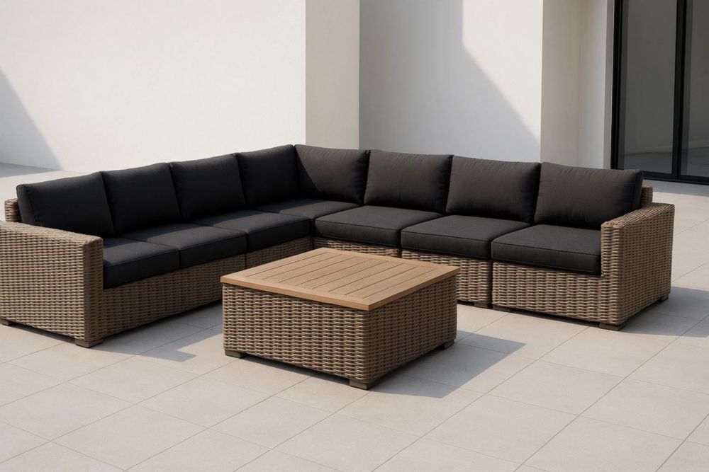 Gartensofa-Set Ecksofa aus Rattan Braun Schwarz mit Beistelltisch