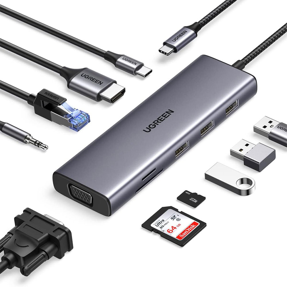 USB C 10in1 Multiport Adapter HUB mit USB C (PD/100W) / 3x USB 3.0 / SD & Micro SD / HDMI 4K@60Hz / VGA / 3.5mm / LAN (15601) - Grau
