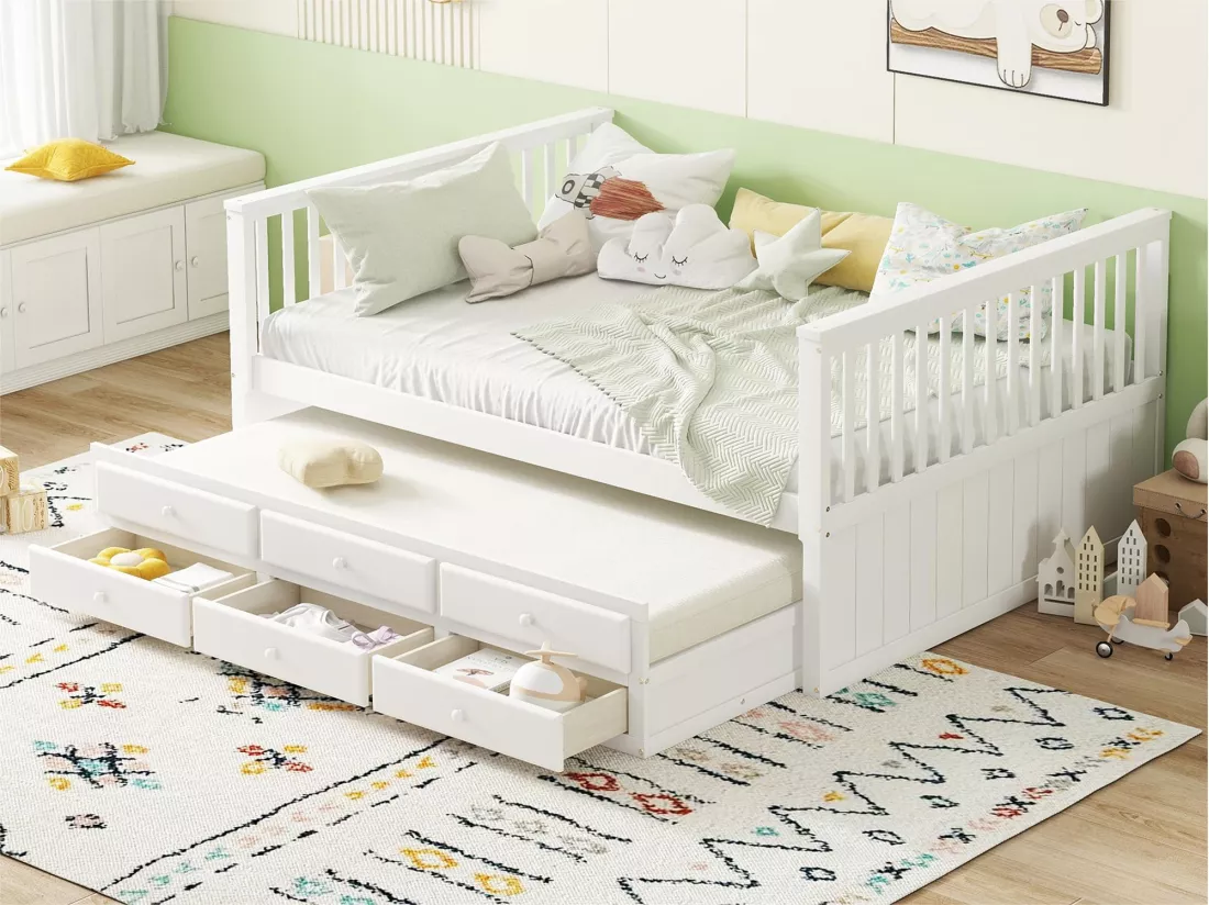 Lit en bois 140x200cm avec un lit gigogne 90x190cm - 3 tiroirs - Blanc