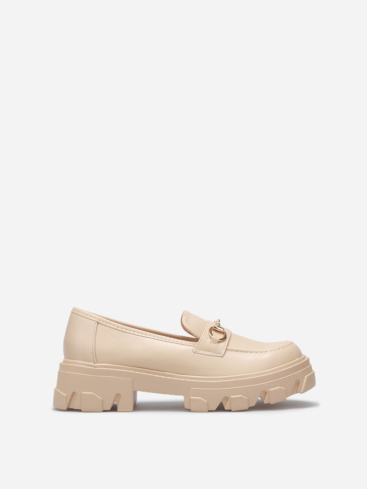Mocassins crantés avec bride dorée- Beige