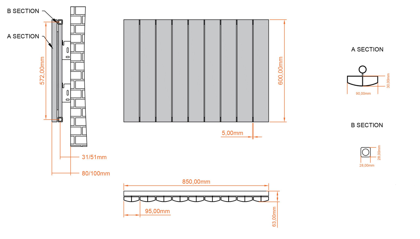 Eastbrook Tordino radiator 85x60cm aluminium 927W grijs mat
