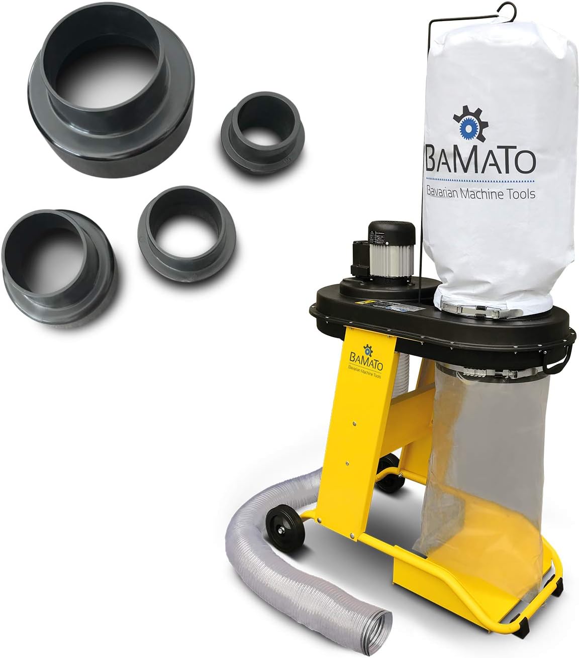 BAMATO Absauganlage AB-550 | inkl. Adapter Set | 230 V Elektromotor | 2,30m langer und flexibler Absaugschlauch | 1150 m³/h Absaugleistung | Integriertes Fahrwerk | Späneabsauganlage für Holz