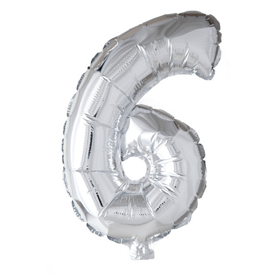 Folie Ballon Cijfer 6 Zilver 41cm met Rietje