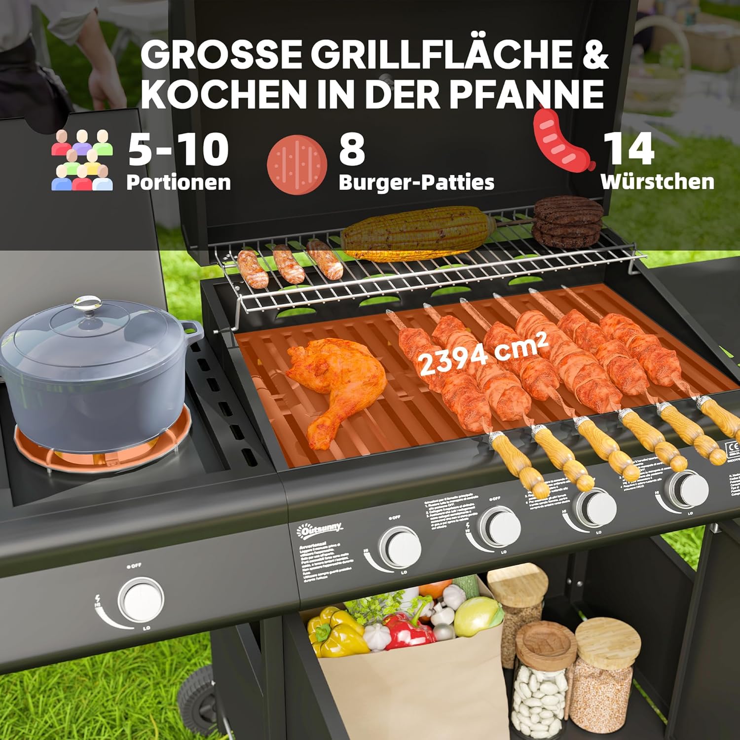 Outsunny Gasgrill 15,2 KW BBQ Gartengrill inkl 5 Edelstahl-Brenner Seitenkocher Rolle Gasschlauch Druckminderer Deckel Seitenablage Thermometer, Grillwagen für Grill, Balkon, 129,5 x 56 x 110 cm