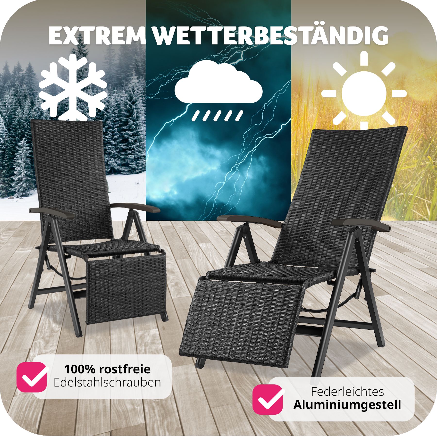 tectake® Rattanstuhl, mit Aluminiumgestell, wetterfest und UV-beständig, 58 x 77 x 113 cm