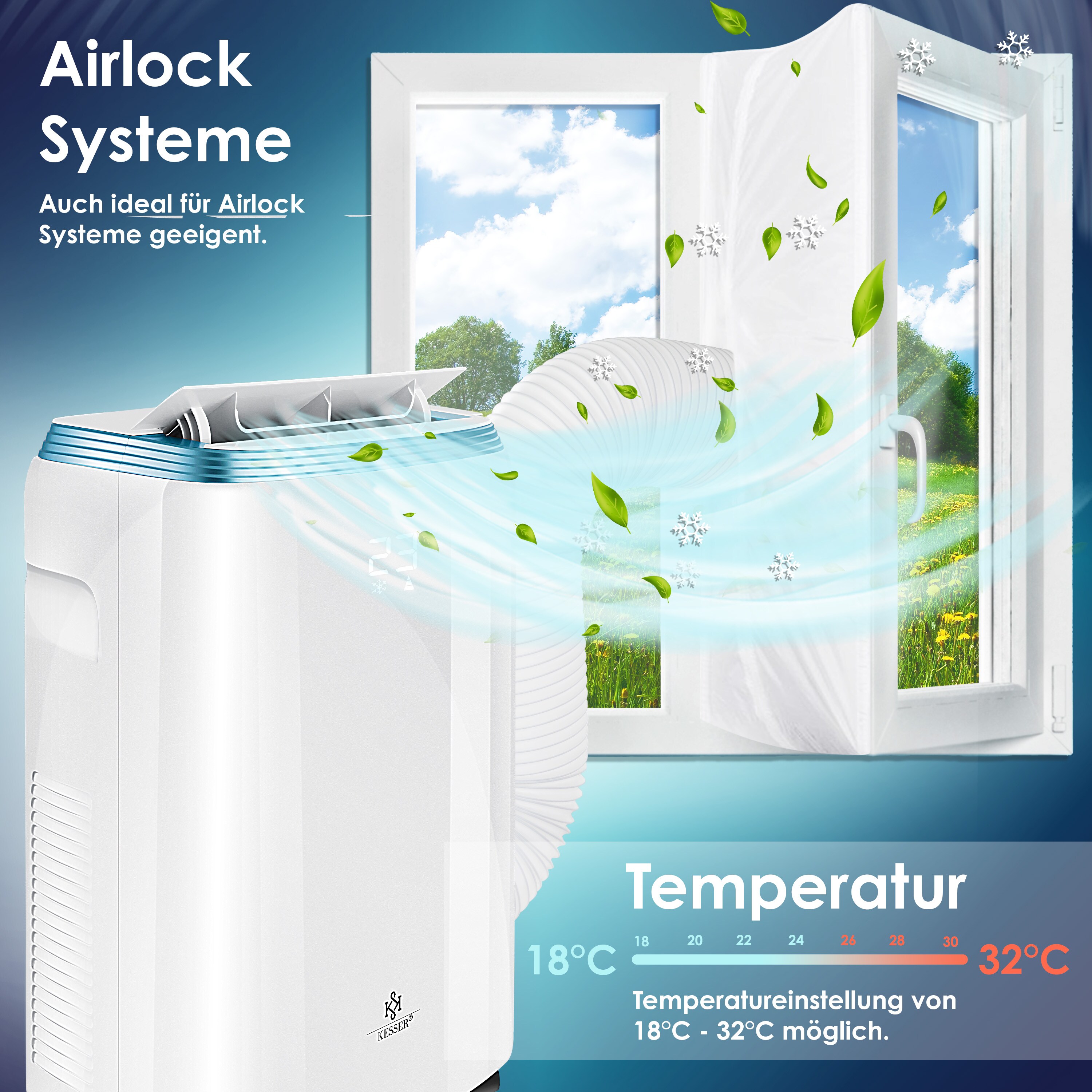 KESSER® Klimaanlage Mobil Klimagerät4in1 kühlen, Luftentfeuchter, lüften, Ventilator - 9000 BTU/h (2.600 Watt) 2,7KW - Klima , Fernbedienung und Timer, Nachtmodul