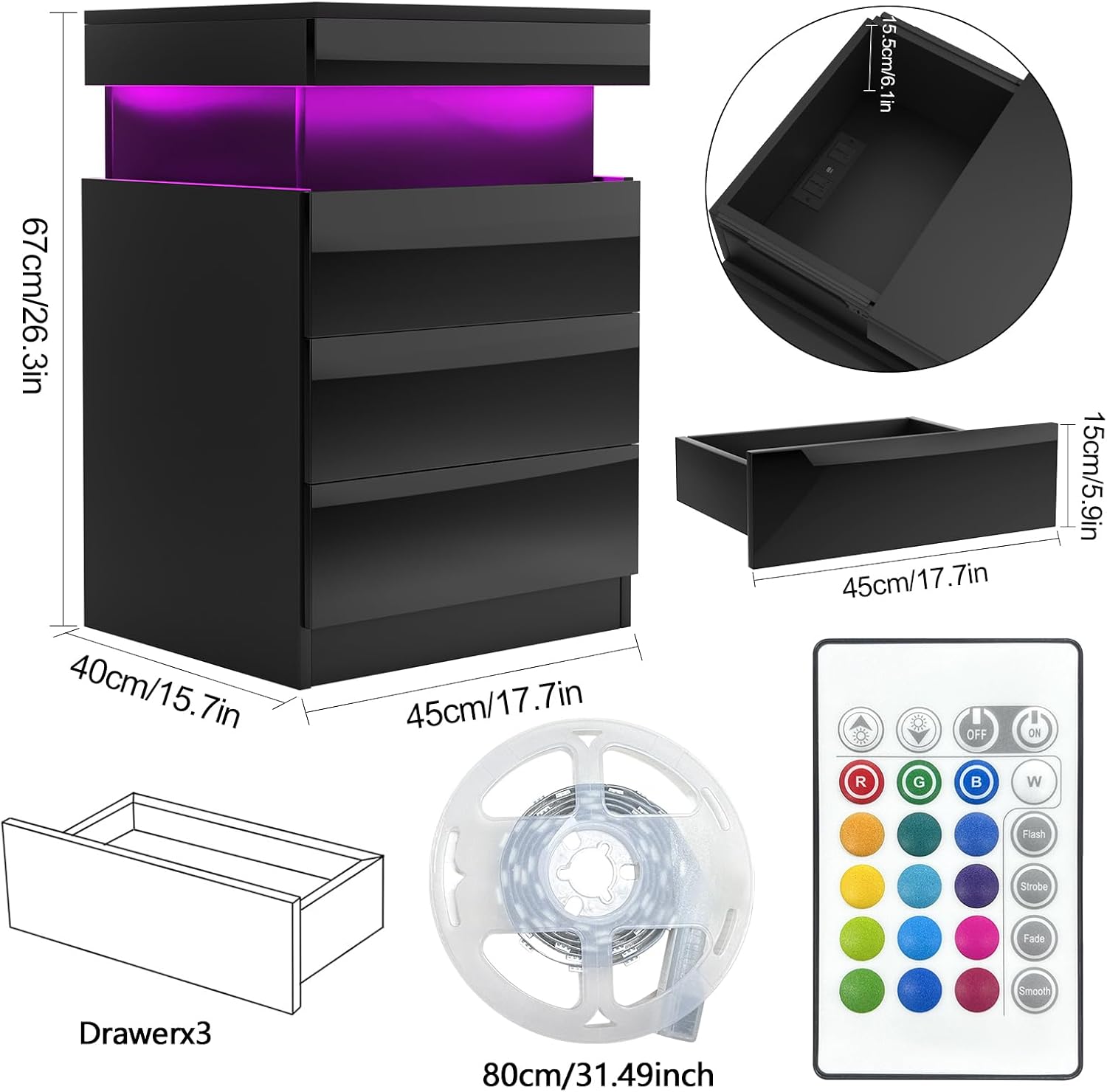 Nachttisch Schwarz 2er Set, Nachtschrank mit Led Licht und Steckdose, Nachtkommode mit 3 Schubladen und Versteckte Schiebeschränke für Wohnzimmer, Schlafzimmer (45x40x67cm)