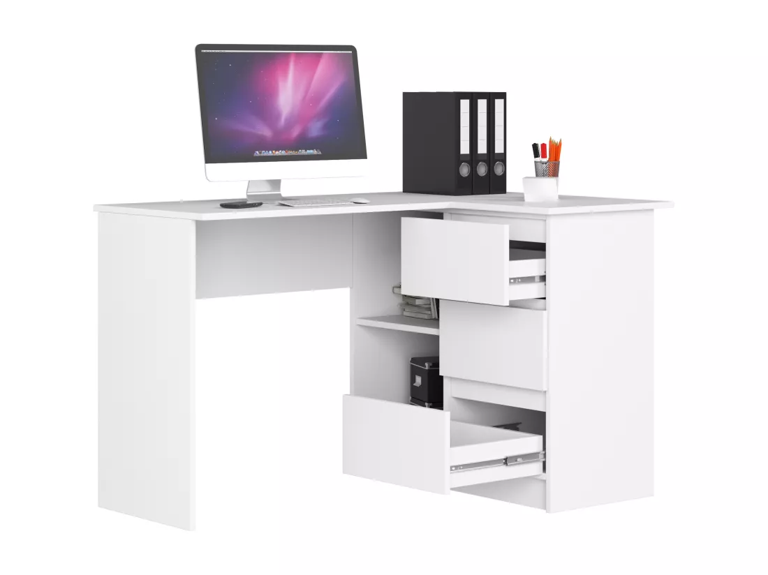 Bureau AKORD d'angle droit B16 Blanc 124 cm 3 tiroirs façade Blanche 2 étagères 124x85x77 cm