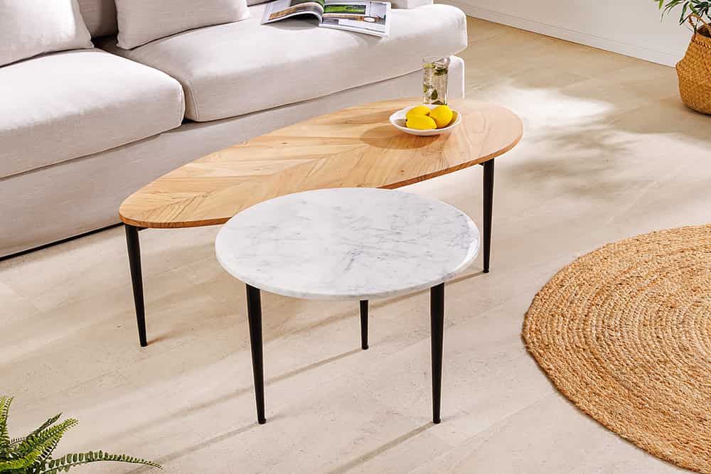 2er Set Couchtische ADLON 110cm natur weiß Akazienholz Marmor schwarz Metall