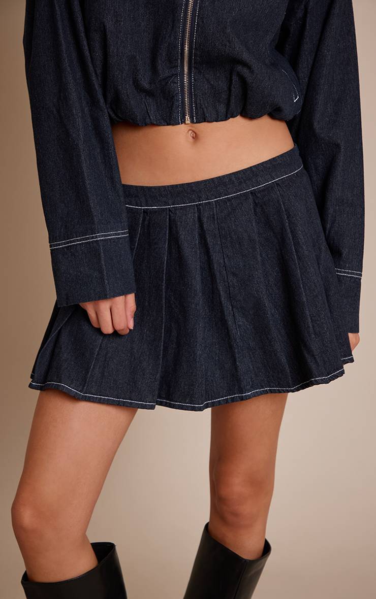 Bleu Indigo Jupe Mini Plissée En Denim
