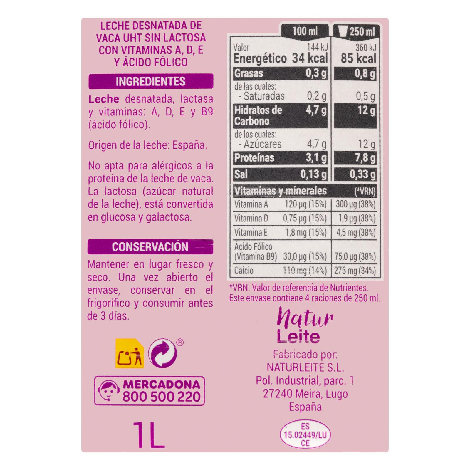 Lait écrémé sans lactose Hacendado