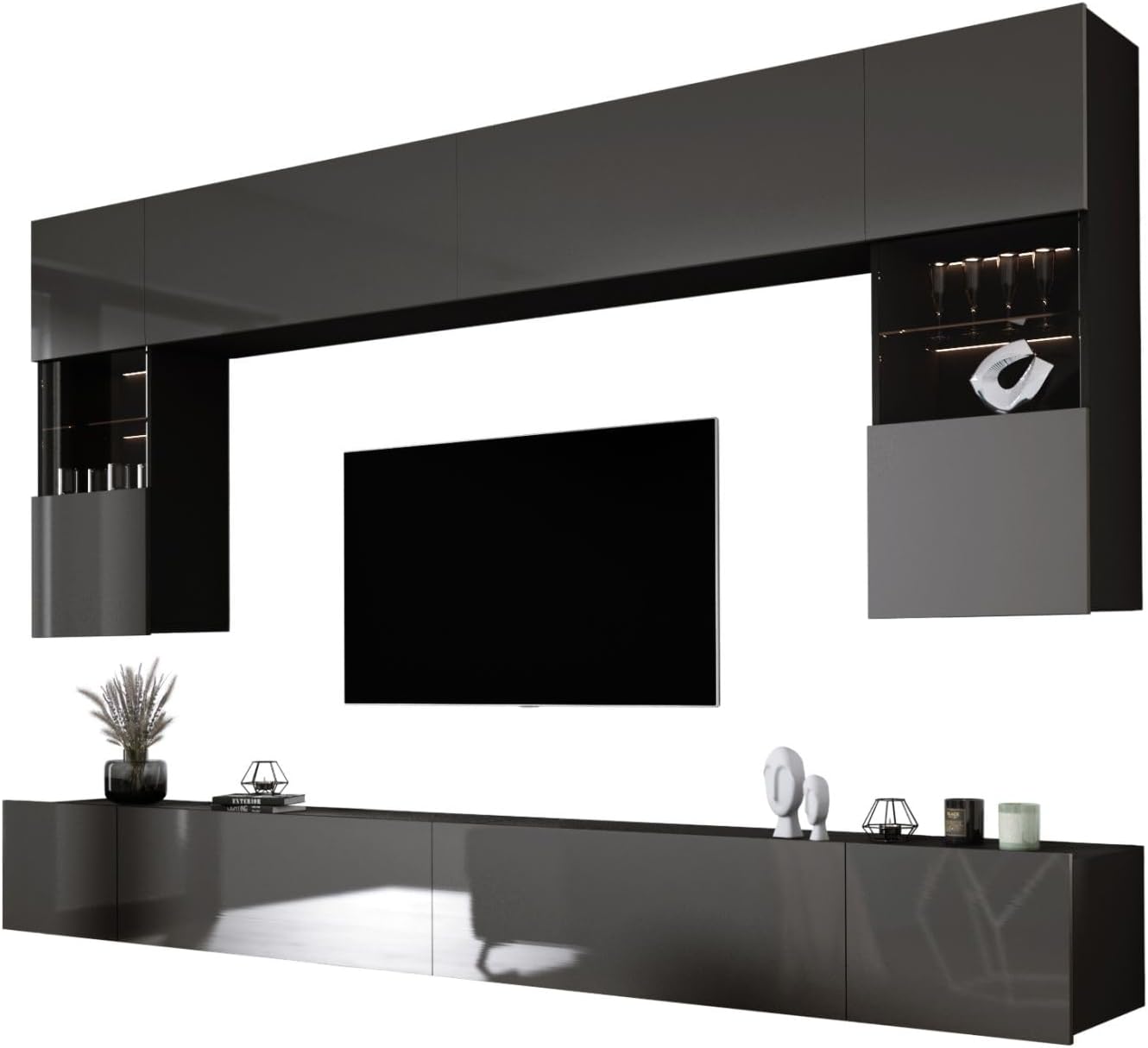 3E 3xE living.com Wohnwand Schwarz Matt/Grau Glanz Medienwand Design Modern MDF Hochglanz, Wohnzimmer Möbel, Wohnwand Wohnzimmer