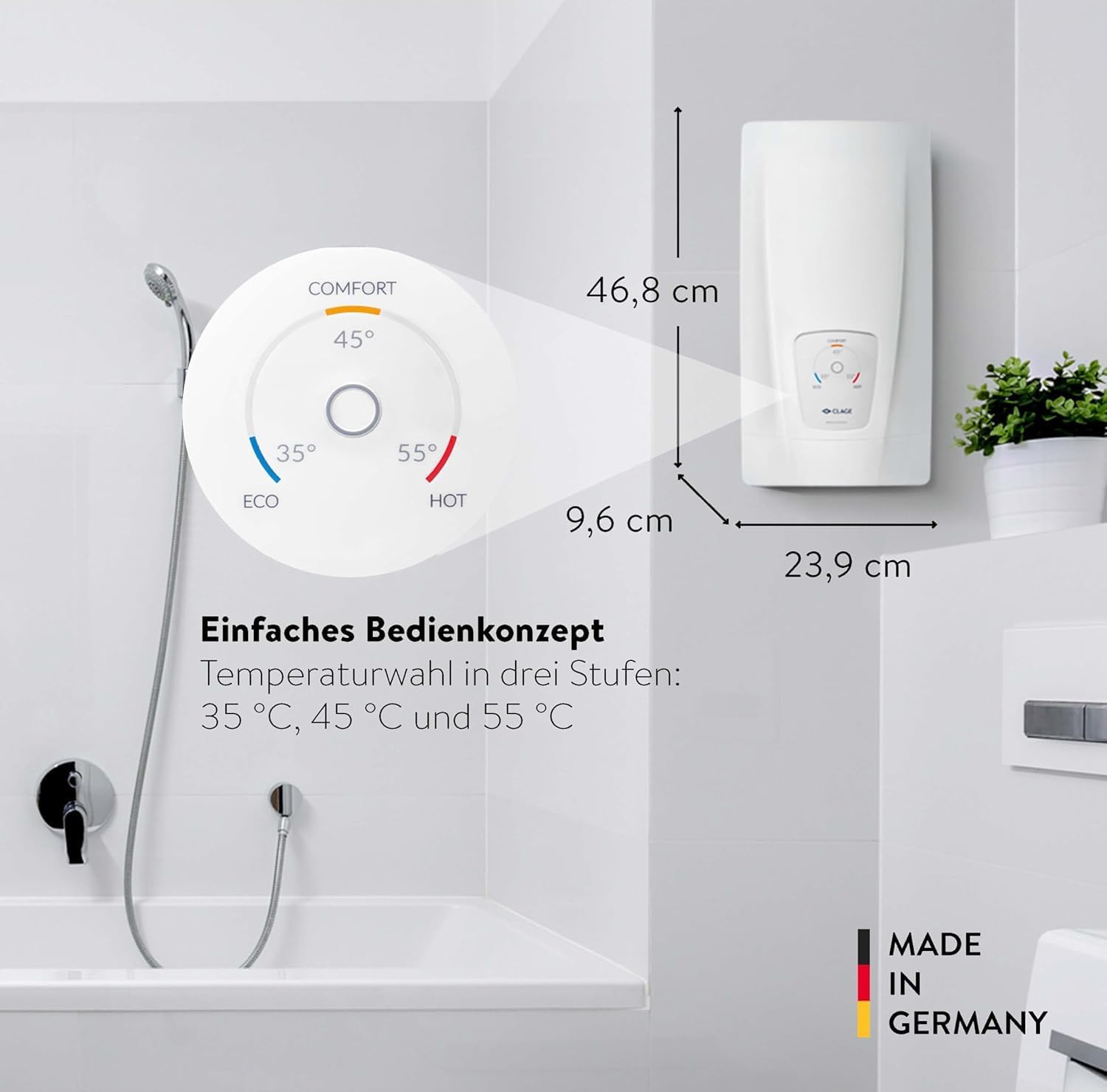 CLAGE DLX18 Next elektronisch geregelter Durchlauferhitzer, Bad/Gruppenversorgung, 18kW 400V, Temperaturwahl 35, 45 oder 55°C, energiesparend, VDE-GS geprüft, 3200-36218