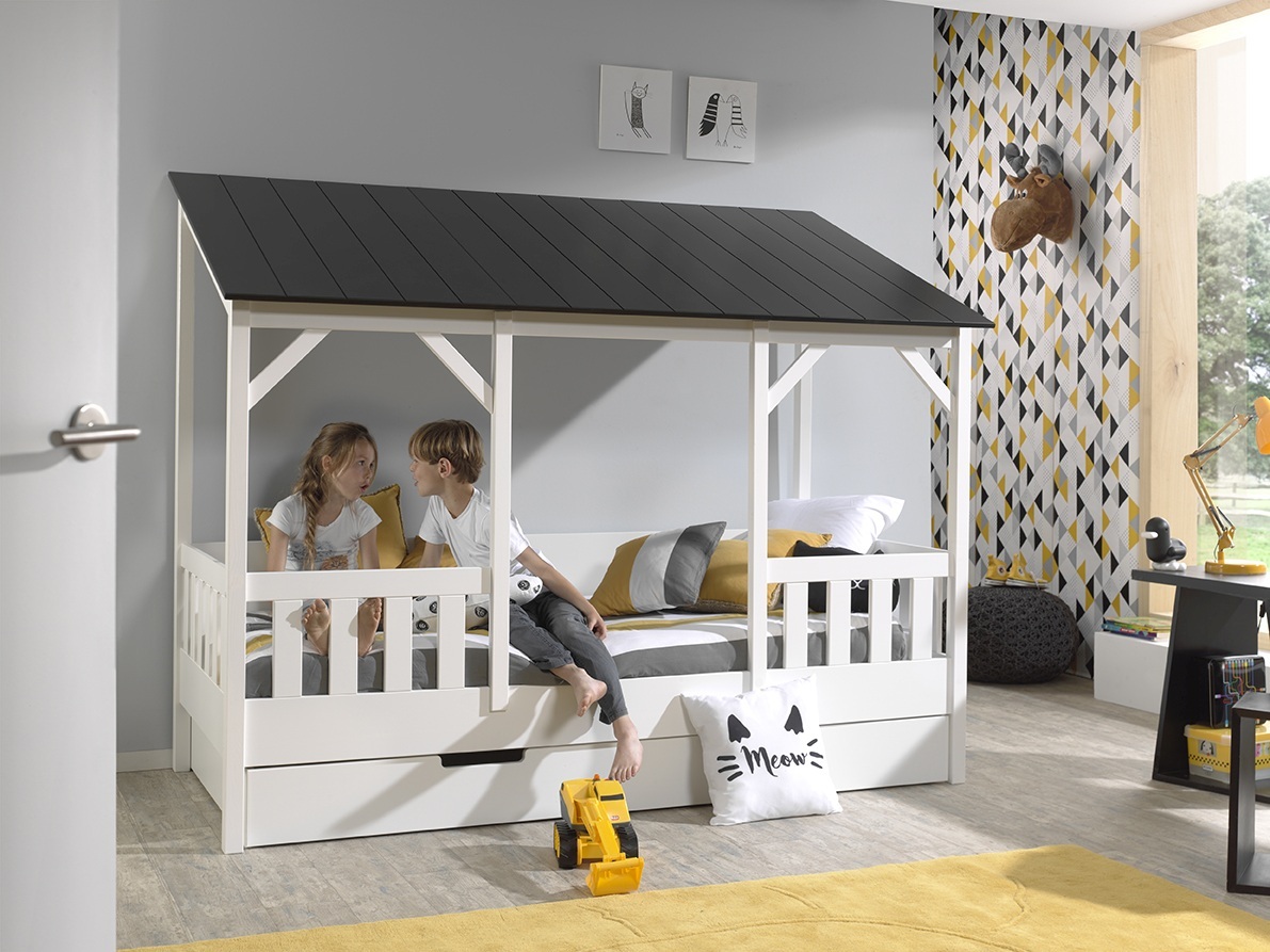 Hausbett - schwarz-weiß - Bettschublade - Dach in Schwarz - 90x200 cm