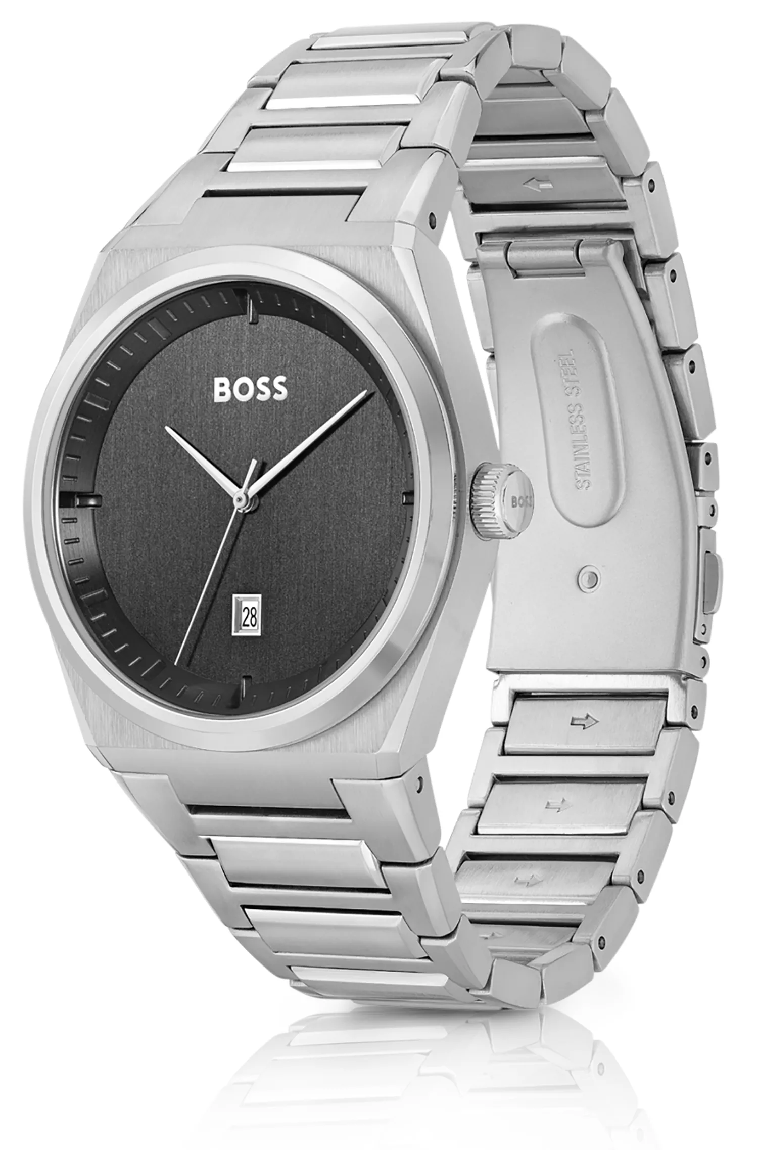 Relógio BOSS com pulseira de elos pretos e mostrador cinza.