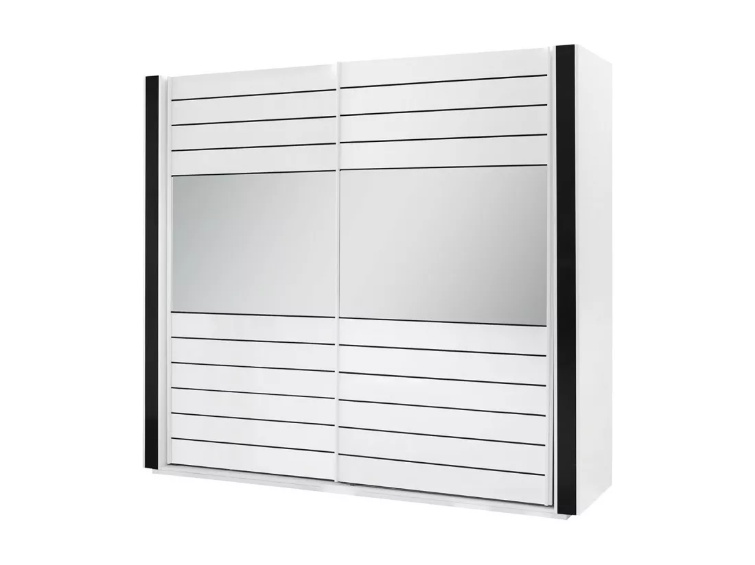 Armoire blanche et noire LINA – 220 x 225 x 68 cm avec 2 grandes penderies et 2 grands miroirs
