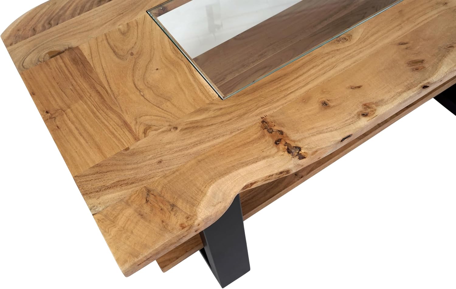 SAM Couchtisch 115x65 cm Patrick, Sofatisch mit Ablage und Glasplatte, Akazienholz massiv + naturfarben, Beistelltisch mit schwarzem U-Metallgestell, echte Baumkante