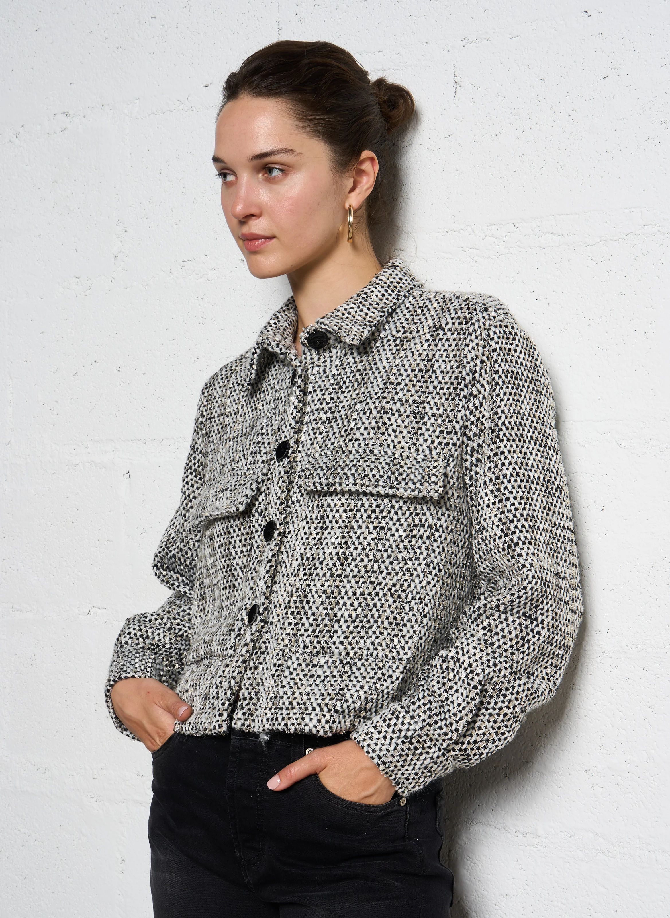 Veste col classique droite en tweed | Blanc