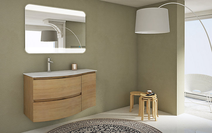 Meuble sous vasque à suspendre Vague décor chêne naturel 104 cm + plan vasque en résine blanc + meuble complément droite