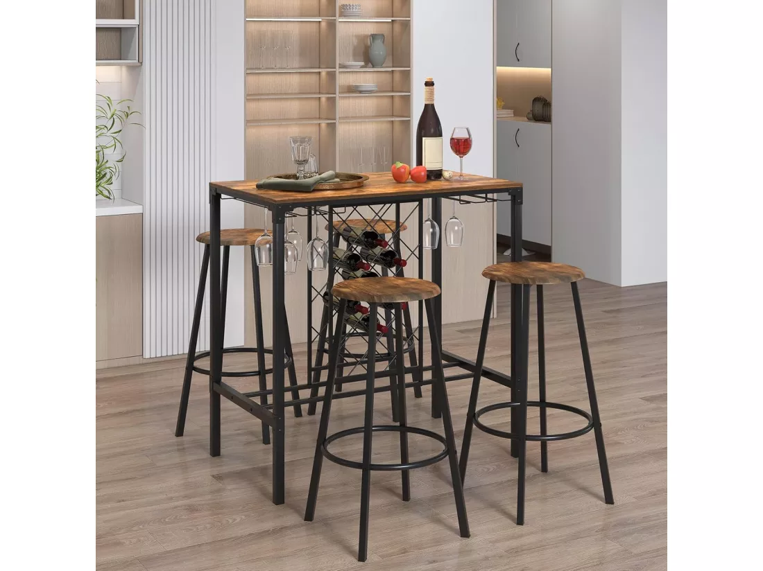 Table haute cuisine avec 4 tabourets,porte-verre et casier à bouteilles, cuisine