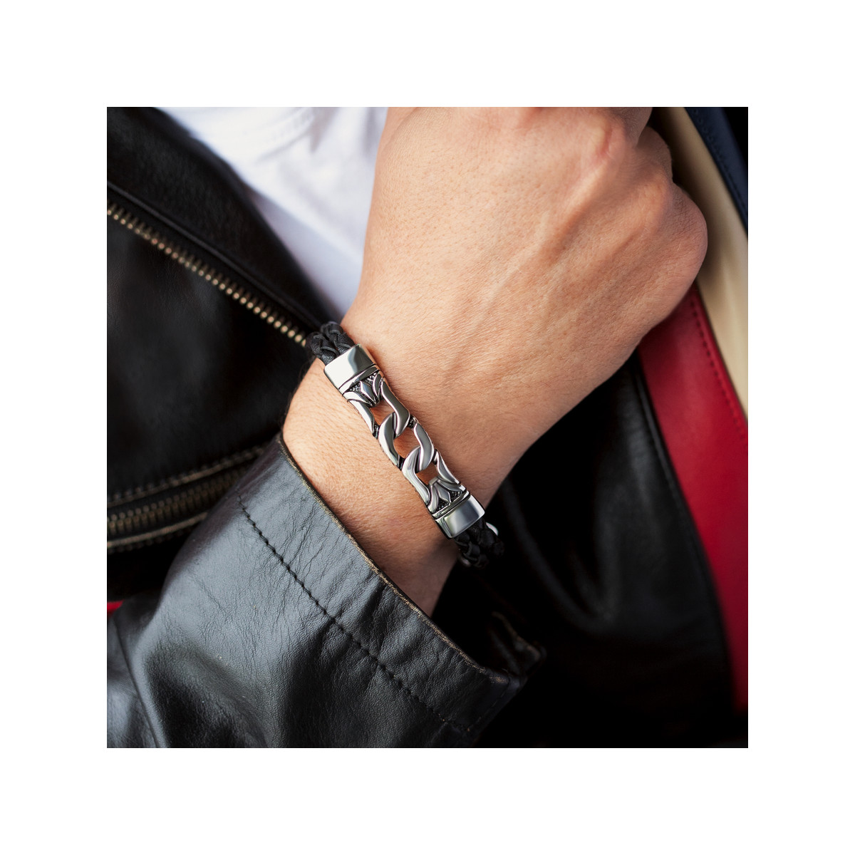 Bracelet acier cuir tressé noir 22 cm