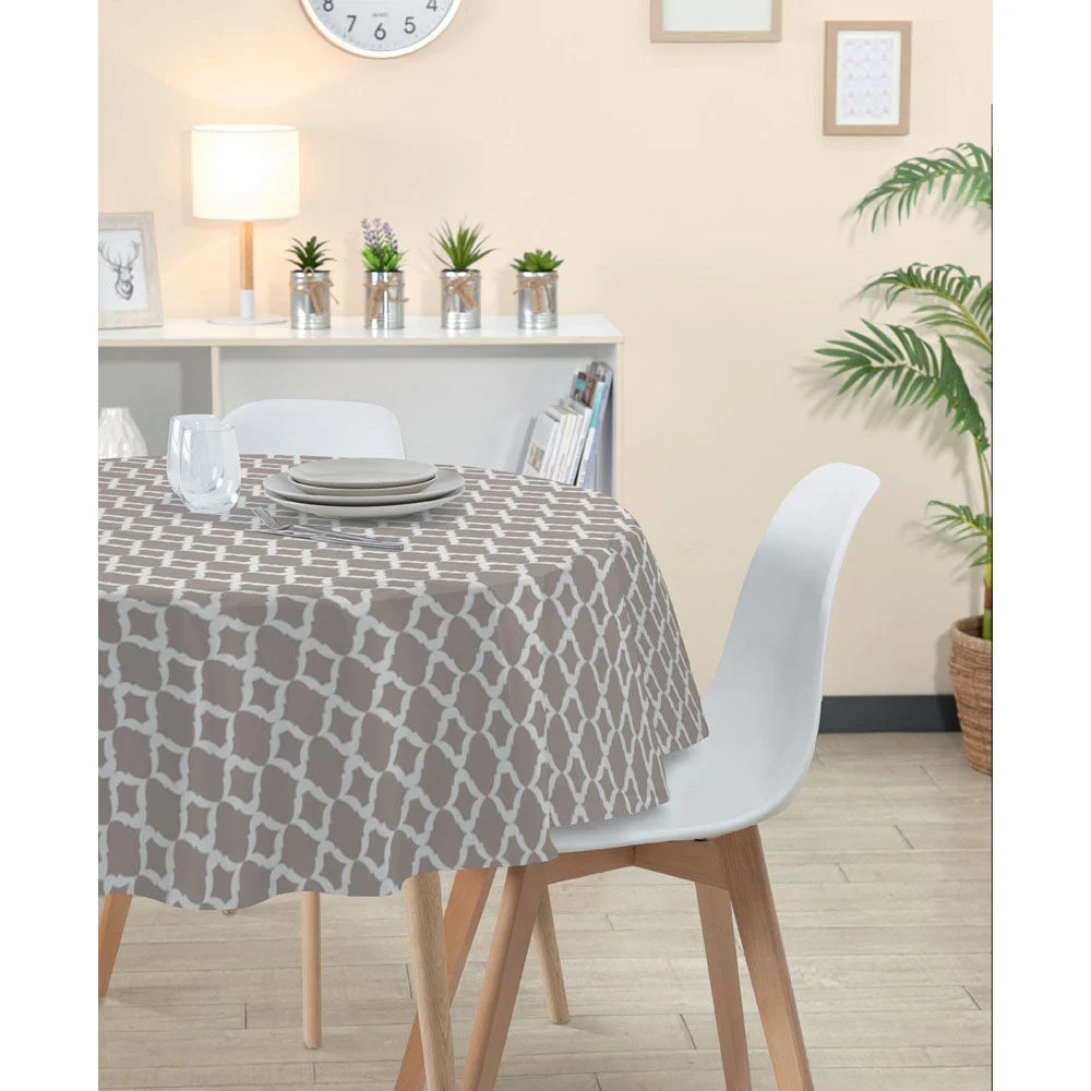 Nappe ronde toile cirée blanche et taupe design graphique