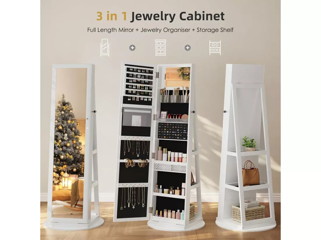 Armoire à Bijoux avec Miroir pivotante à 360°,Meuble de Rangement 3-en-1 pour cosmétiques,Placard beauté,étagères,Serrure,158x38x38cm,Blanc