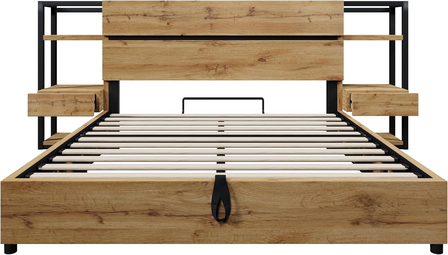 Doppelbett Bettanlage 160x200 mit Nachttisch,Stauraum Kopfteil mit Schubladen und USB Type-C-Ladefunktion,Hydraulisch Stauraumbett Holzbett Bettgestell Jugendbett Erwachsenenbett,Ohne Matratze,Eiche