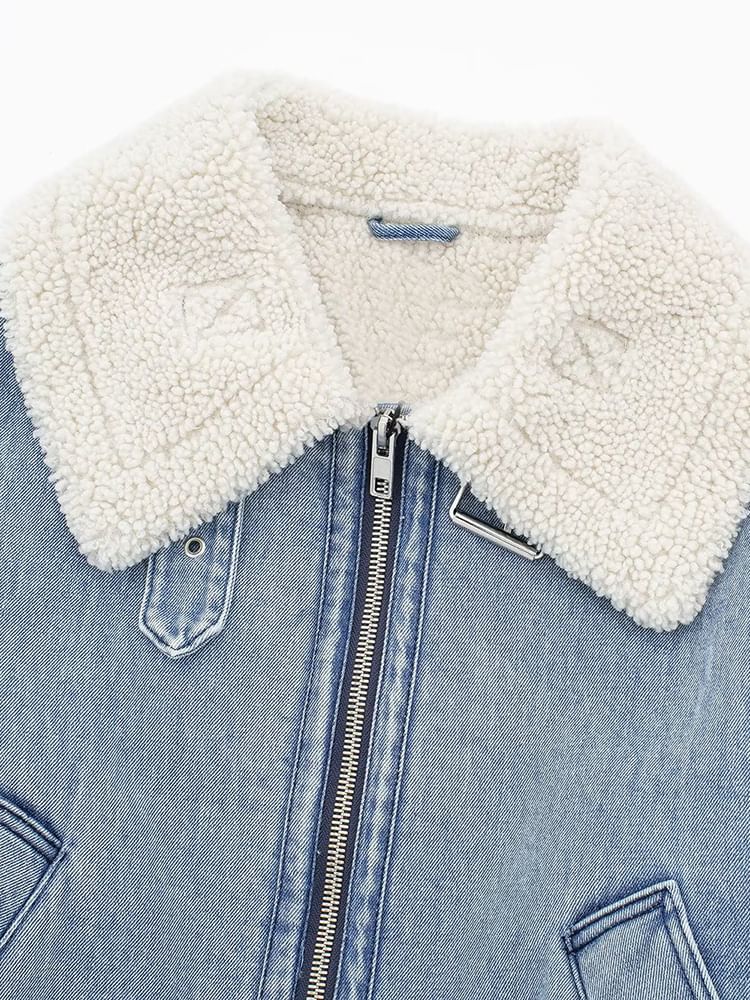 SugaYuja - Gewassen fleece denim jack met kraag en rits