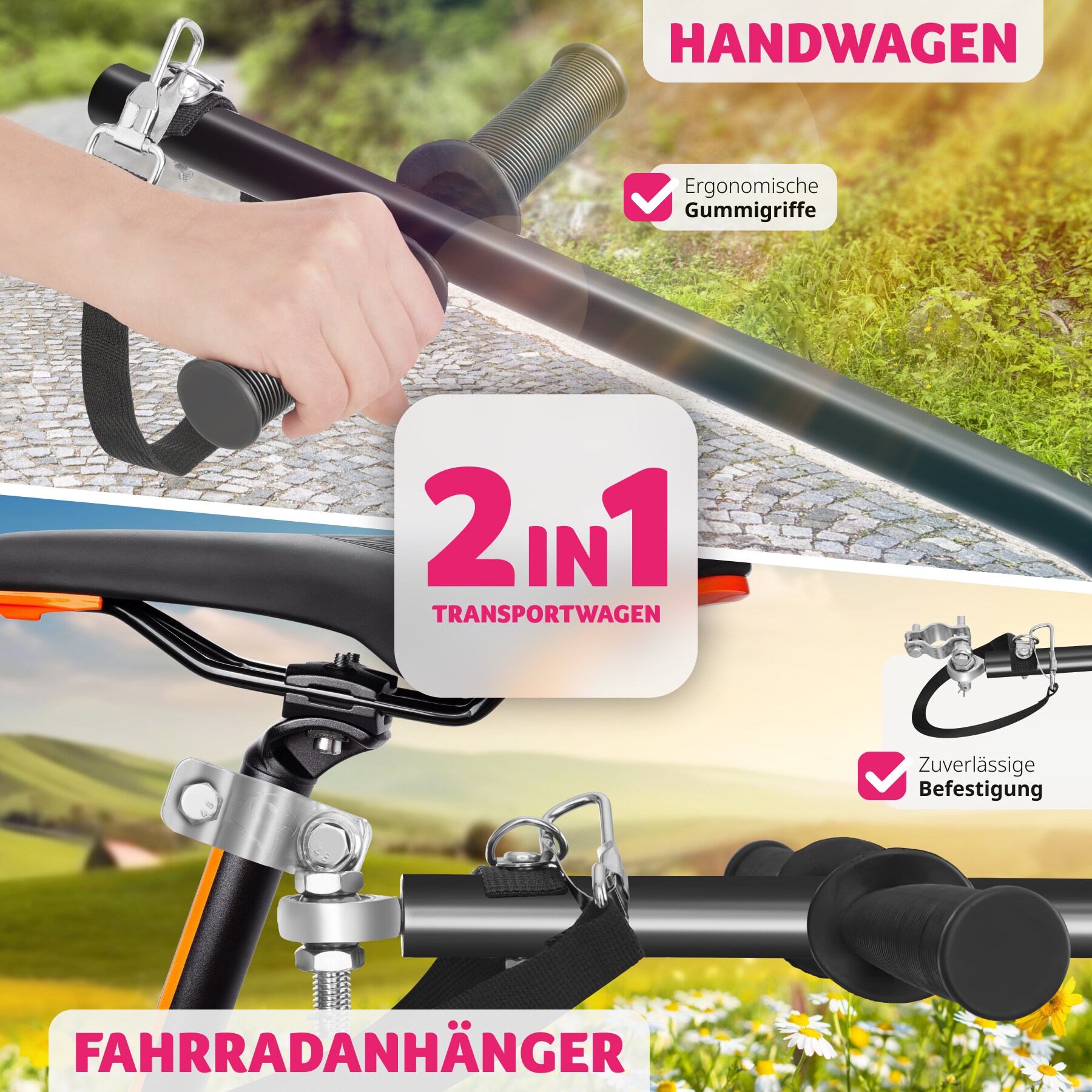 tectake® Fahrradanhänger, 2 in 1 multifunktional, luftgefüllte Profilreifen mit Kugellager, Belastbarkeit 50 kg, 70 Liter, ca. 148 x 64 x 81 cm