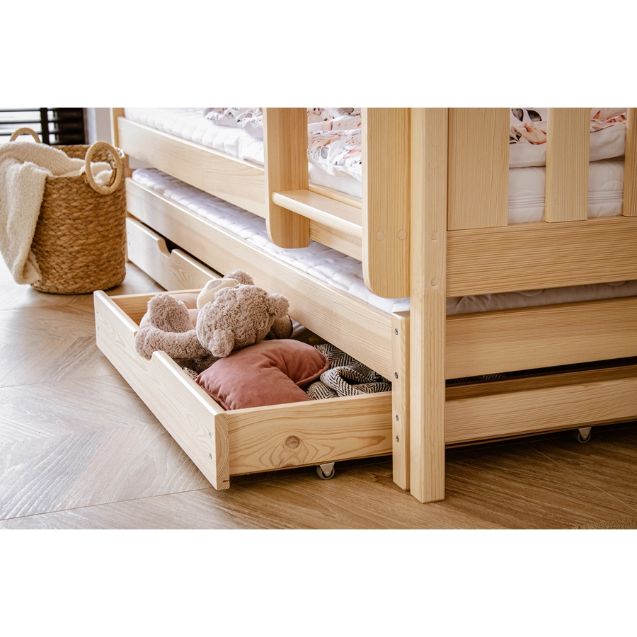 Kids Collective Hochbett 90x200 mit Ausziehbett Etagenbett mit Ausziehfunktion, 2 Schubladen natur mit Schublade