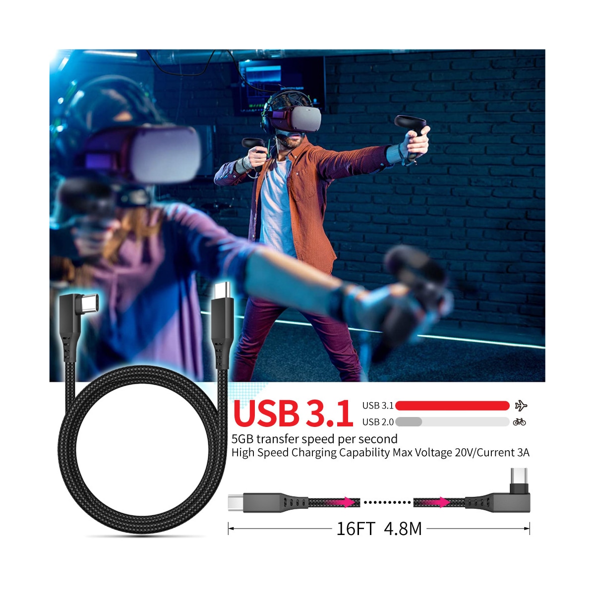 Overgangskabel USB-C for Oculus Quest 2 Black 5 meter