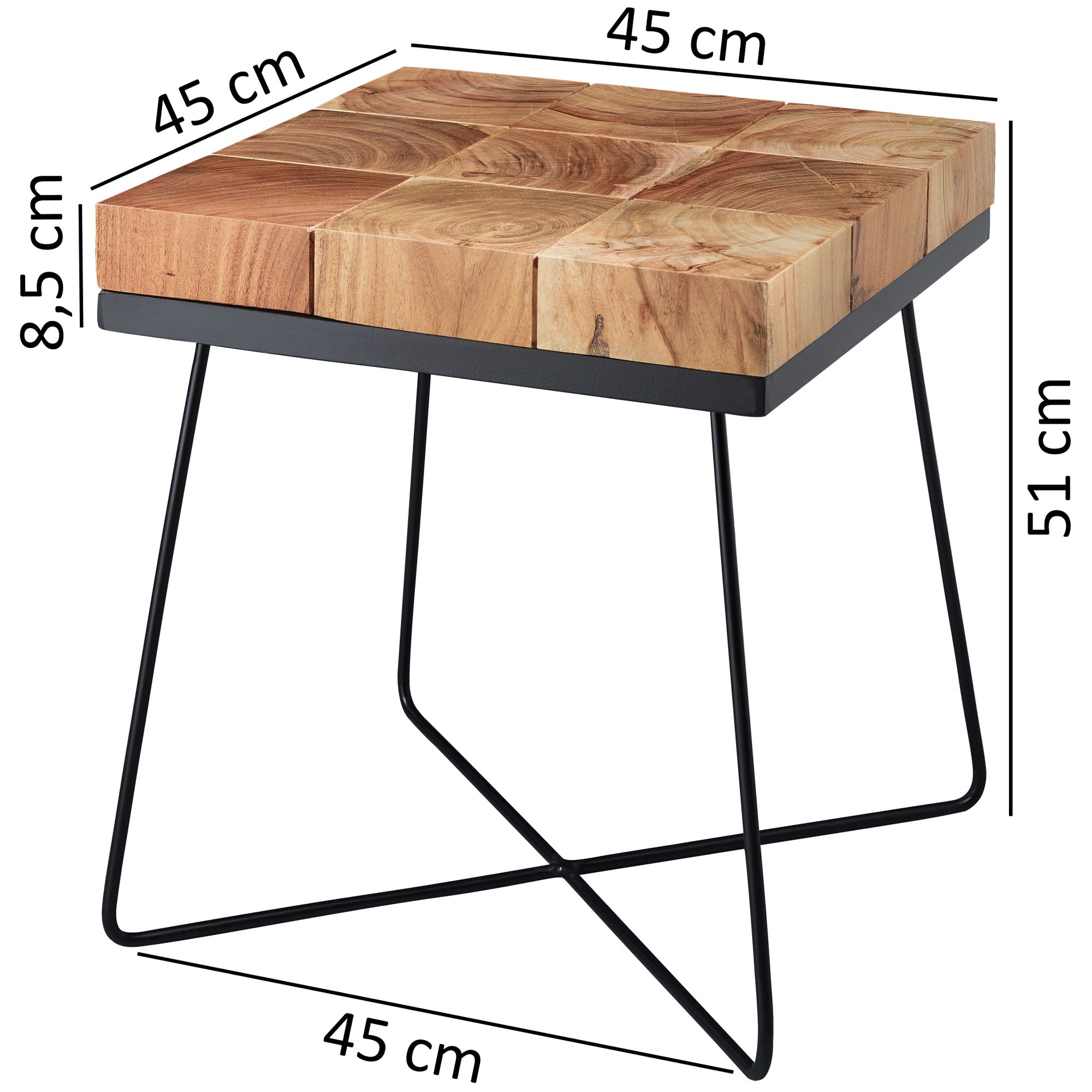 KADIMA DESIGN Quadratischer Beistelltisch Akazie, Industrial-Style, Massivholz, Metallgestell.
