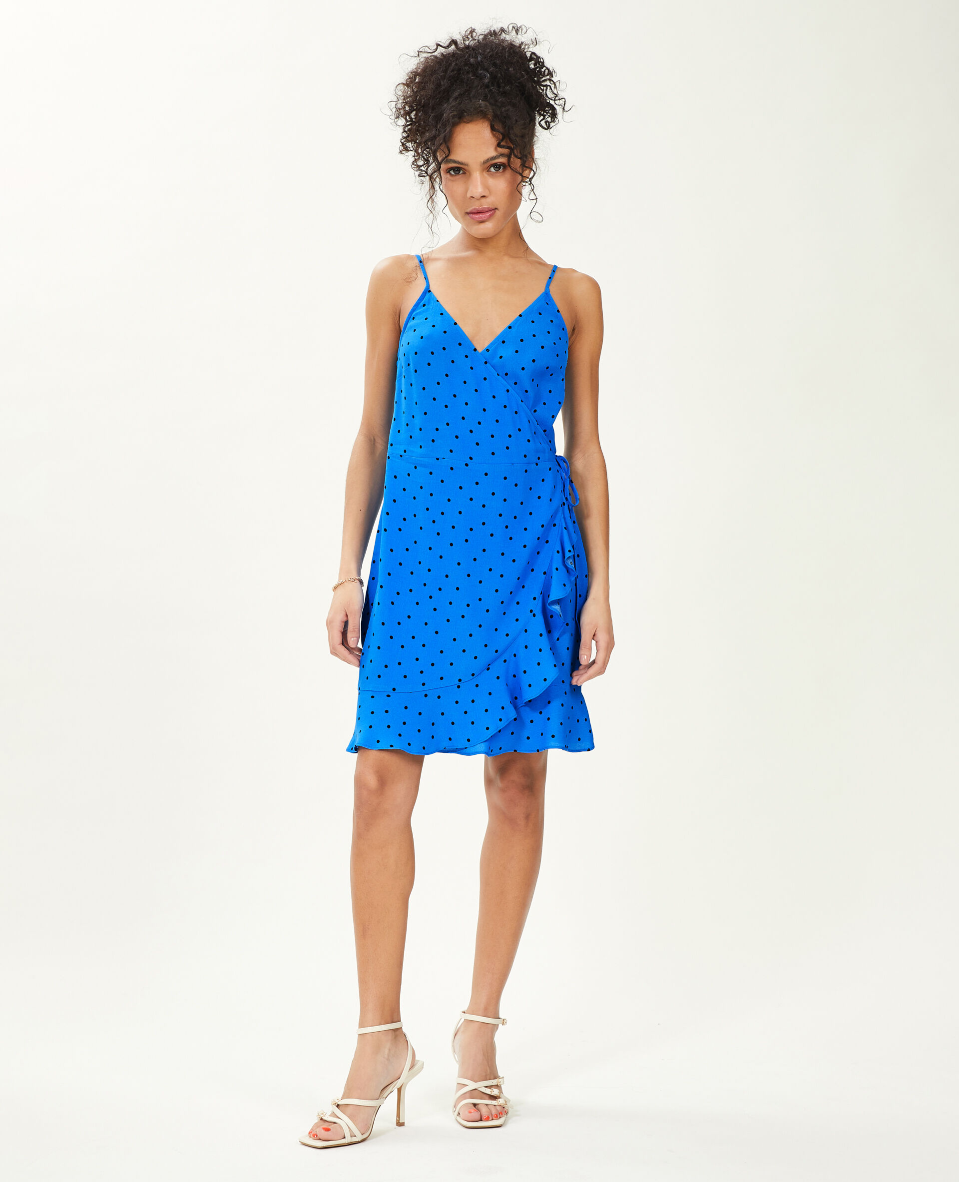 Robe courte portefeuille avec volants - Bleu
