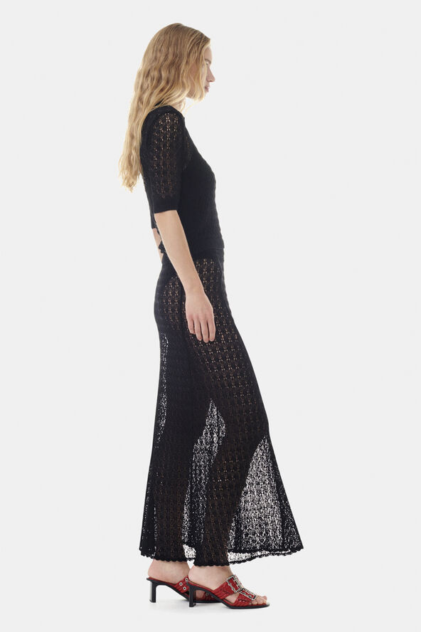 Ganni Shiny Pointelle Knit Short Sleeve P Black