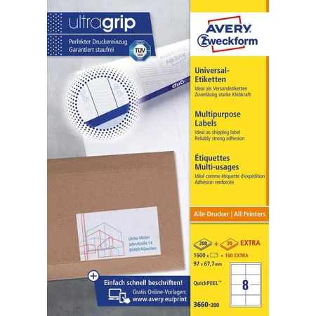 Avery Zweckform 3660-200 Universal-Etiketten,A4 mit ultragrip,97 x 67,7 mm, 220 Bogen/1.760 Etiketten, weiß