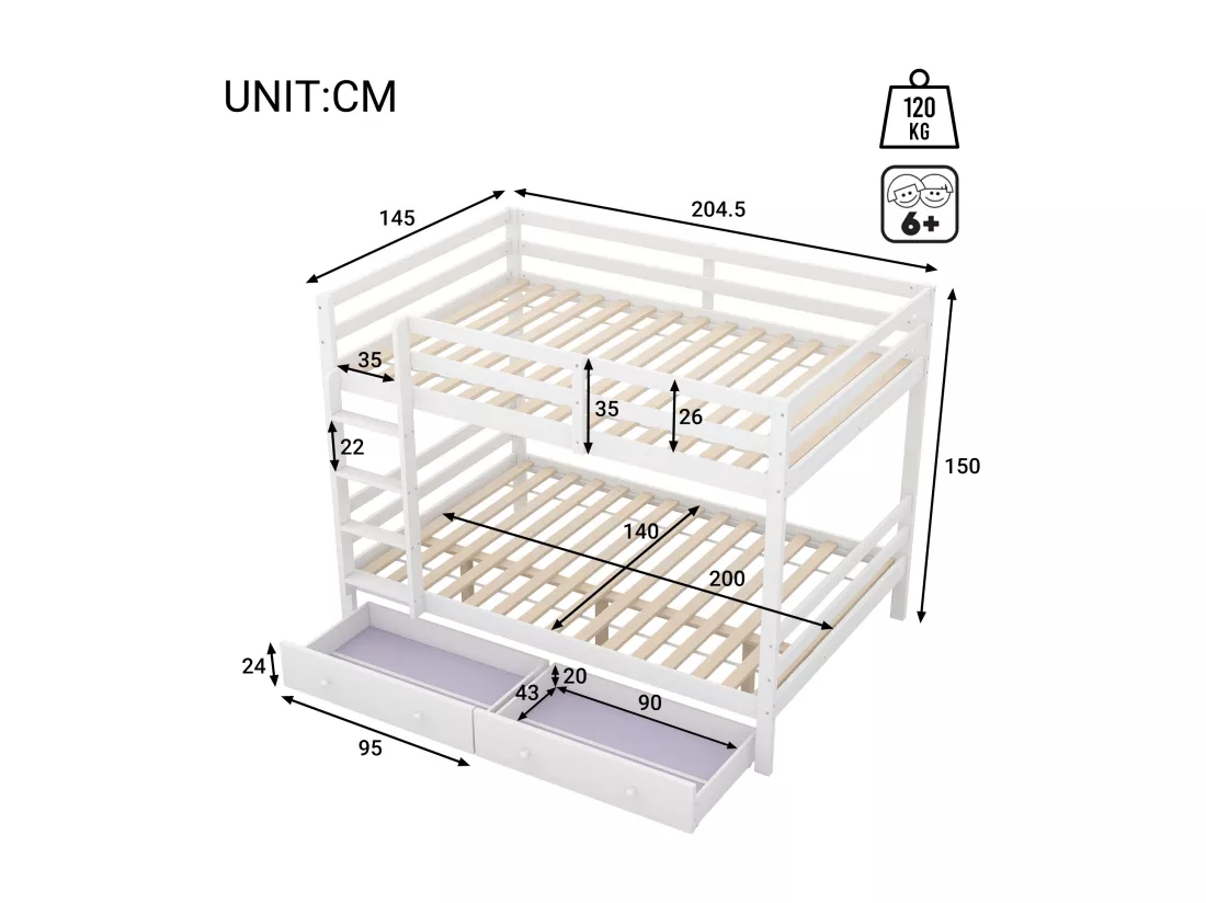 Blanc 140 * 200cm lits superposés pour enfants avec tiroirs, espace de rangement, barre de barre haute