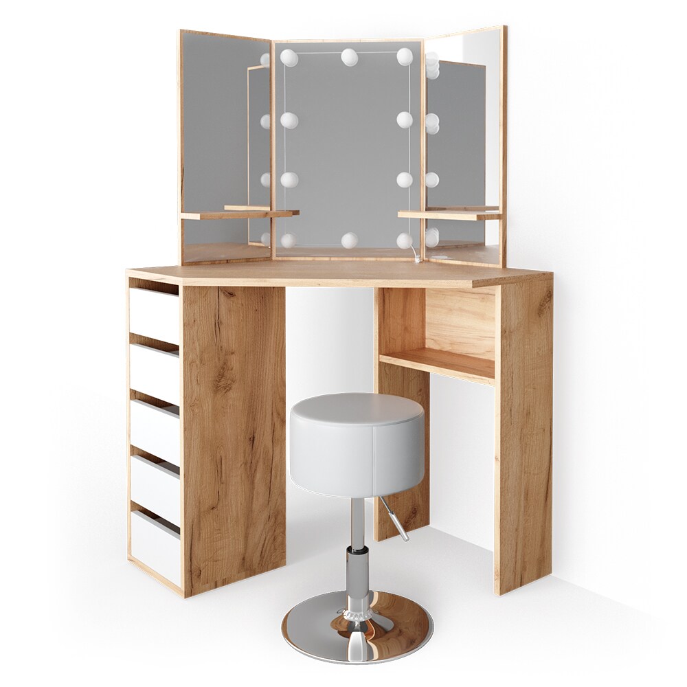 VICCO LED Eckschminktisch ARIELLE Kosmetik Schminktisch Spiegel Eiche Hocker