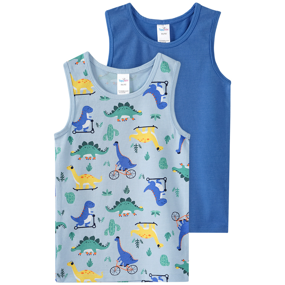 Topomini 2 Baby Unterhemden mit Dino-Motiven hellblau / blau