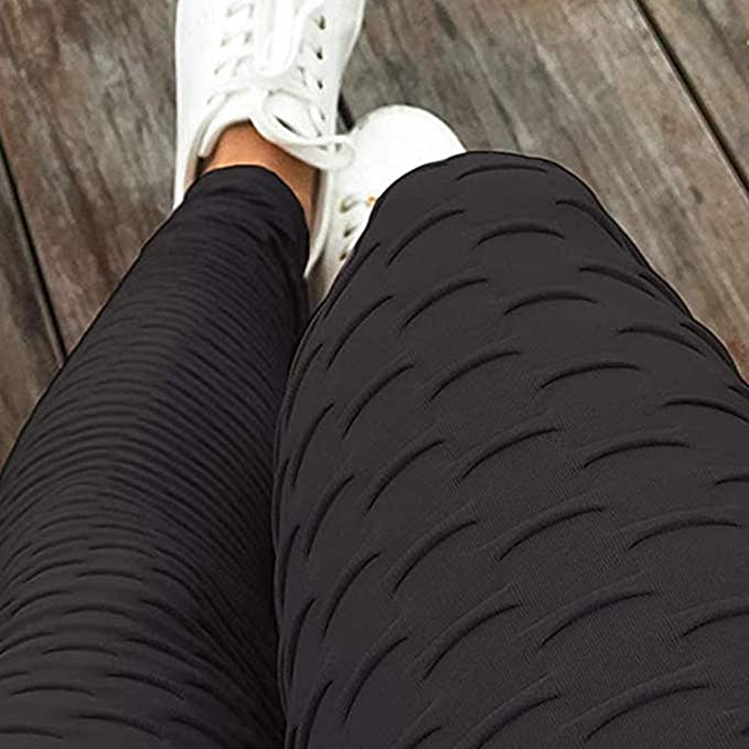 (Gr. S) Elastische Sport Push Up Leggings Wabenstruktur Shaping Stretch Hose für Frauen - Schwarz