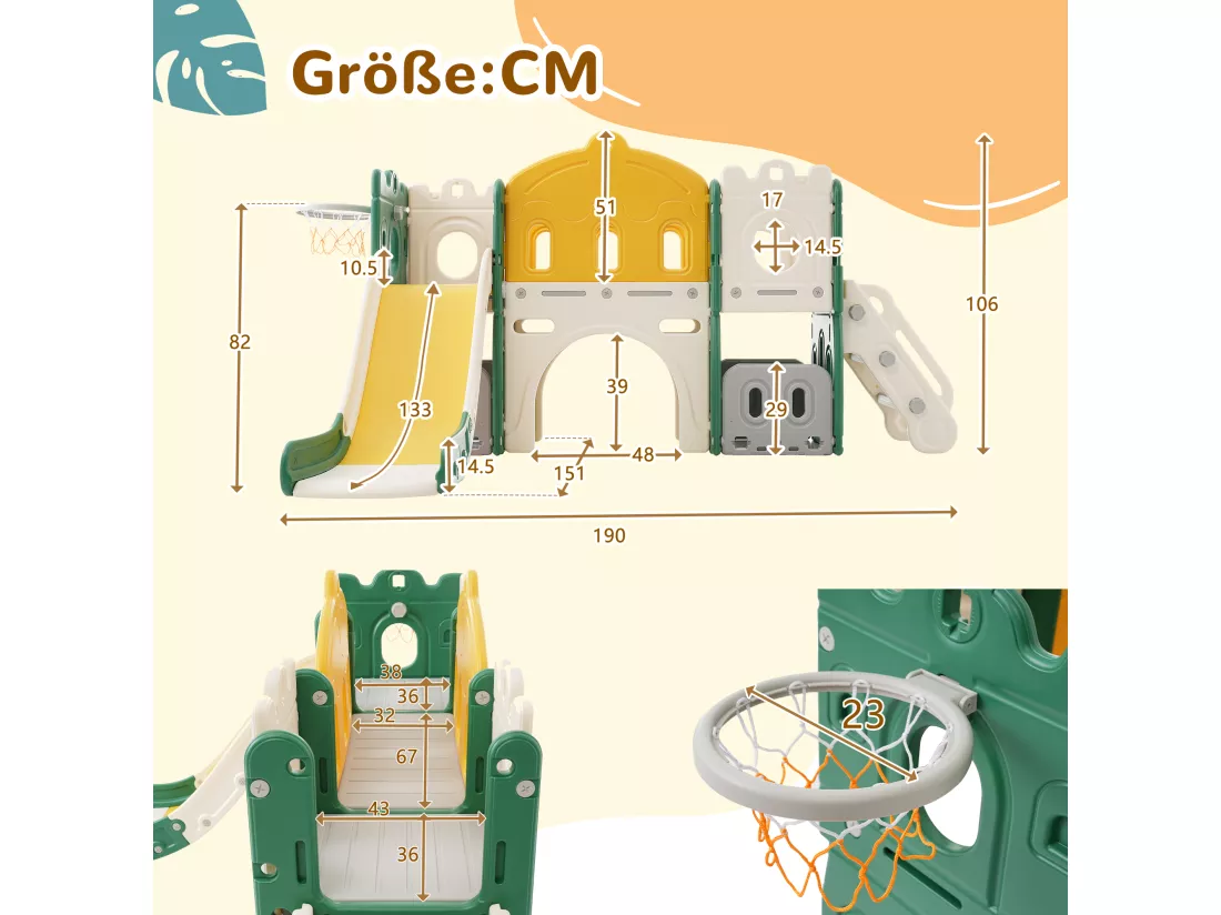 Toboggan enfant 5 en 1 pour Extérieur ou Intérieur avec Échelle, Panier de Basket, Stokage, Jeu de Forage, Allée d'amusement, Vert