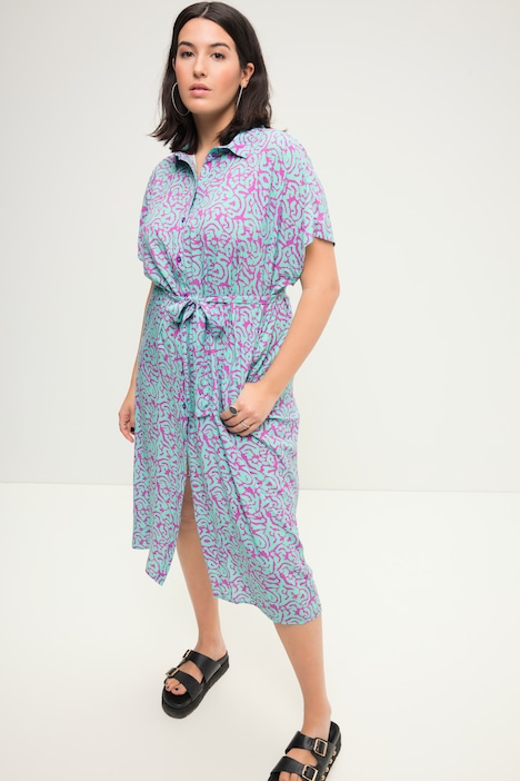 Hemdblusen-Midikleid, oversized, zweifarbiger Print, Bindegürtel