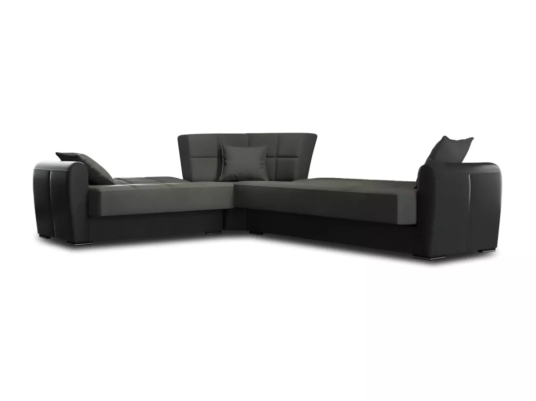Canapé Matias, Canapé d'angle avec rangement en éco-cuir et tissu, Canapé de salon avec ouverture clic-clac et péninsule réversible, 305x238h91 cm, Noir et Vert