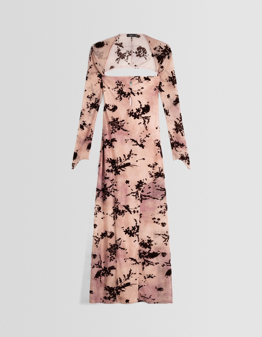 Vestido midi de tule com estampa floral