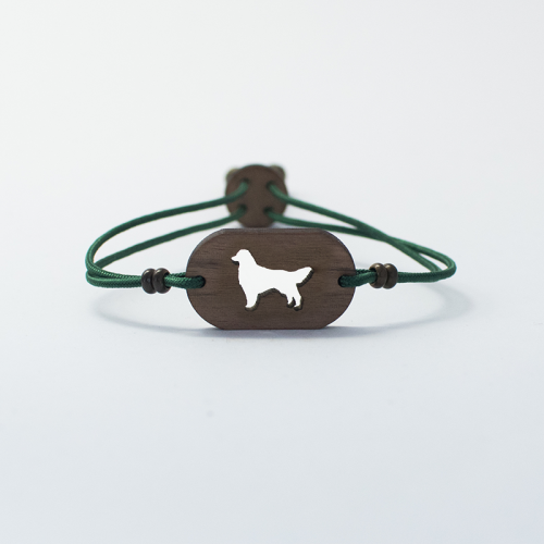 Pulseira de madeira personalizável com Golden Retriever, verde.