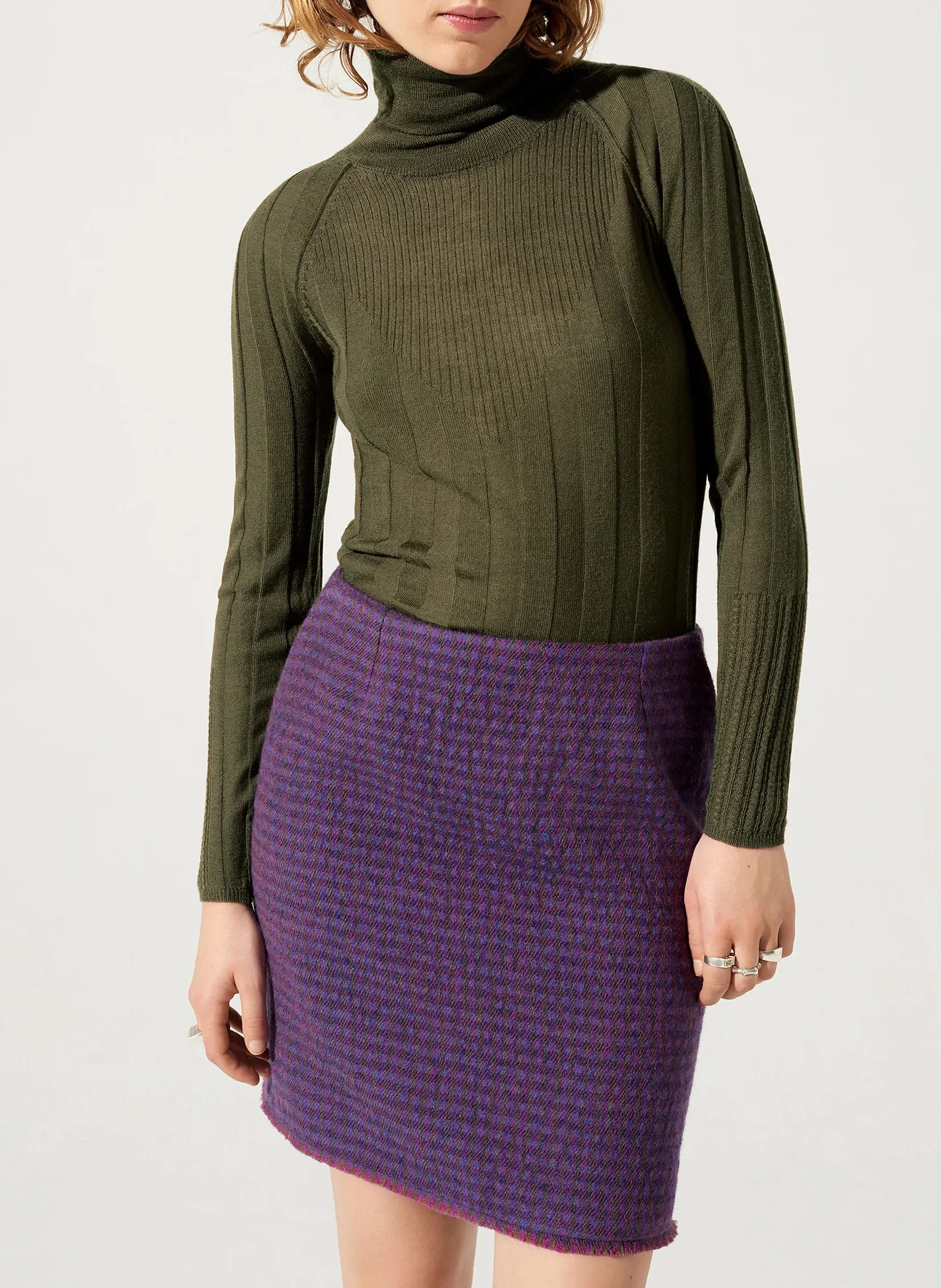 Pull près du corps col roulé en laine| Vert