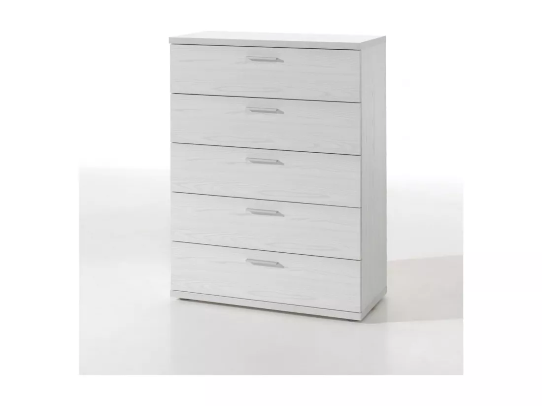 Chambre à coucher adulte collection OLGA : Armoire 250cm, Lit 160x200, commode, chevets. Couleur blanc effet bois.