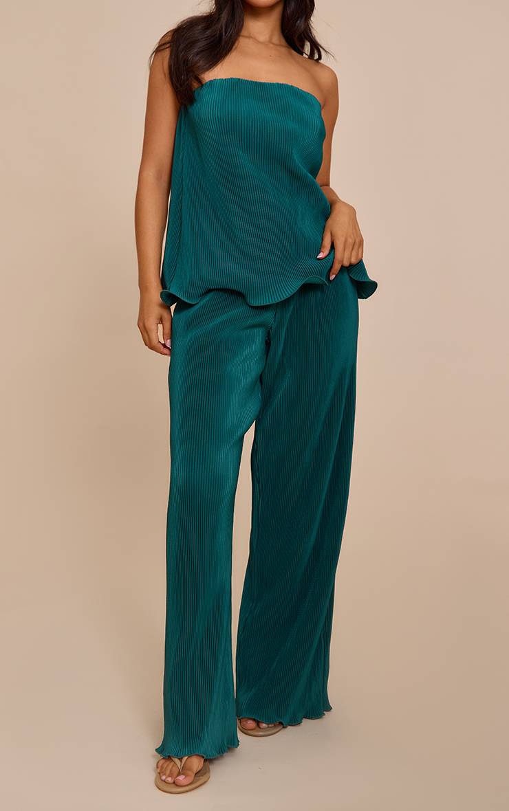 Vert Turquoise Pantalon Large Plissé À Bord Volants Petite