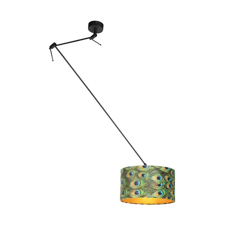 Hanglamp zwart met velours kap pauw met goud 35 cm - Blitz