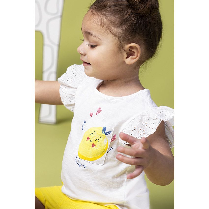 T-shirt à manches courtes volantées et poche imprimée - Blanc